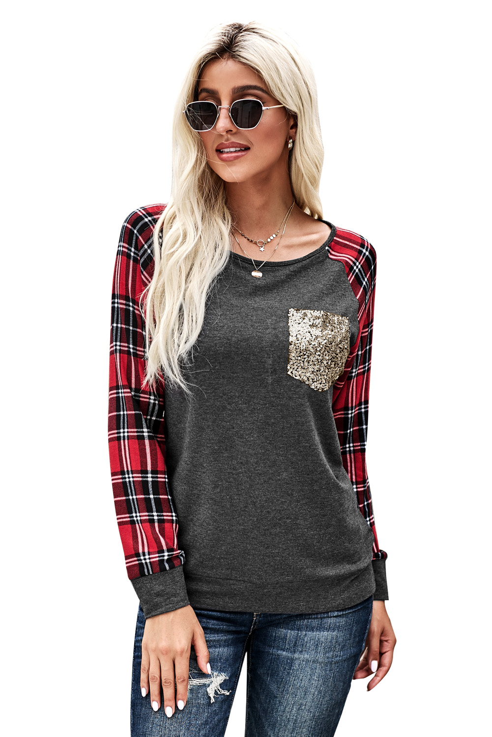 Red Plaid Splicing Sequined Pocket Long Sleeve Top Angelwarriorfitness.com