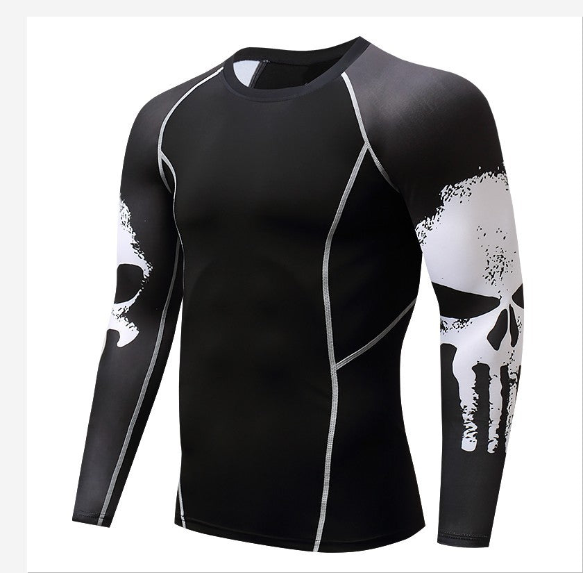 Skull Print Long Sleeve Men's Workout Clothes Stretch Quick Drying Clothes Basketball Riding Running Suit Round Neck Tight T-shirt Angelwarriorfitness.com
