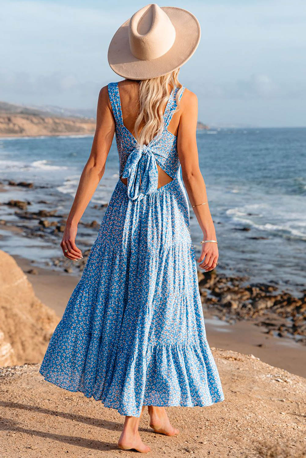 Sky Blue Floral Tie Back Long Dress Angelwarriorfitness.com