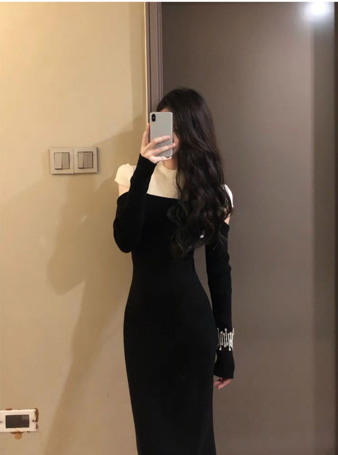 Women's Contrast Color Stitching Strapless Long Sleeve Knitted Dress Angelwarriorfitness.com