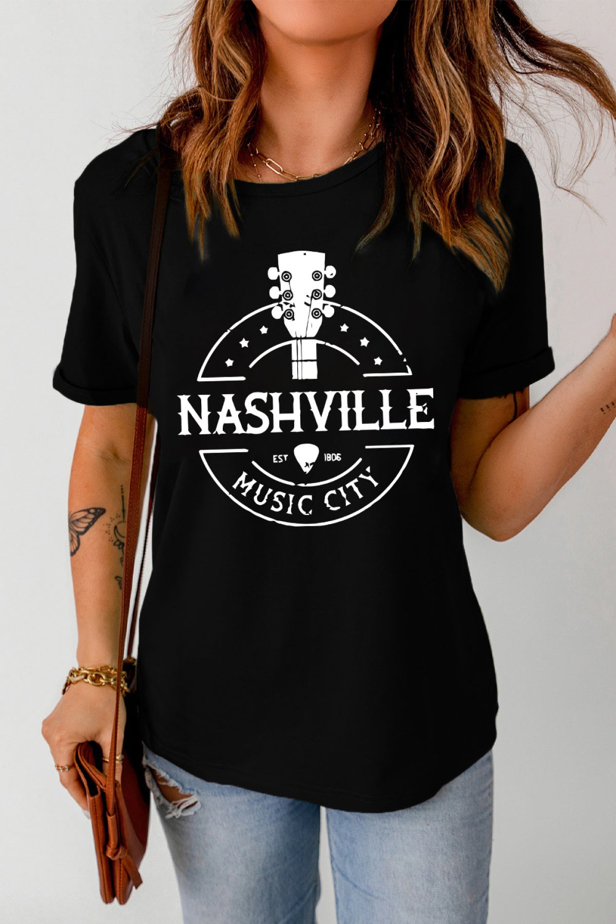 Black NASHVILLE MUSIC CITY Graphic Print Crew Neck T Shirt Angelwarriorfitness.com