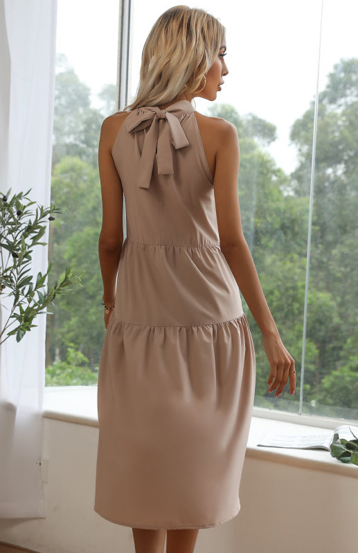 Evening Dress Solid Color Halter Neck Waist Slim Dress Angelwarriorfitness.com