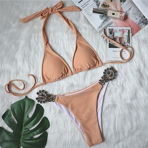 Diamond bikini Sexy push up halter swimsuit female crystal swimwear Angelwarriorfitness.com