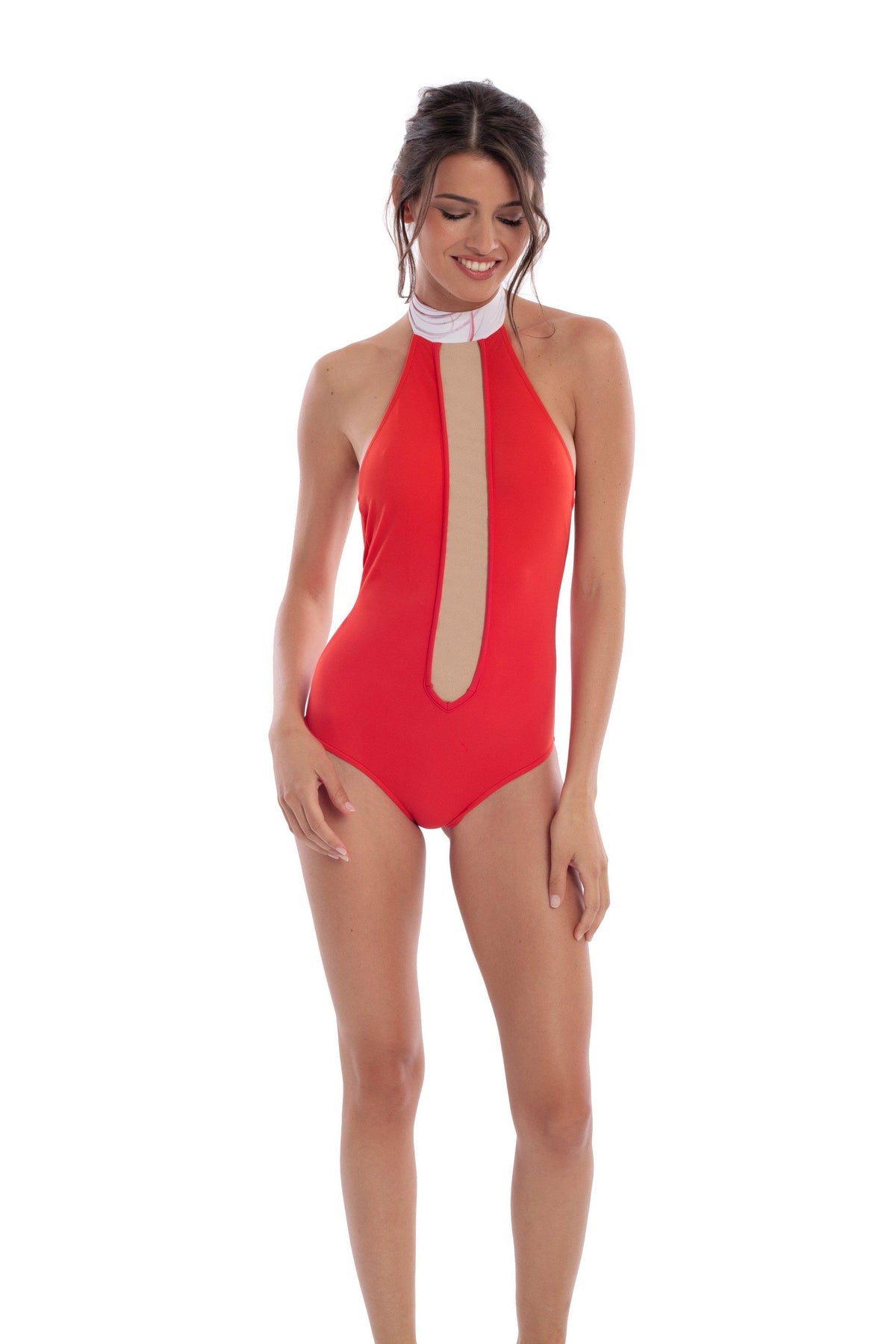 One Piece High Collar swimsuit-mesh insert Angelwarriorfitness.com