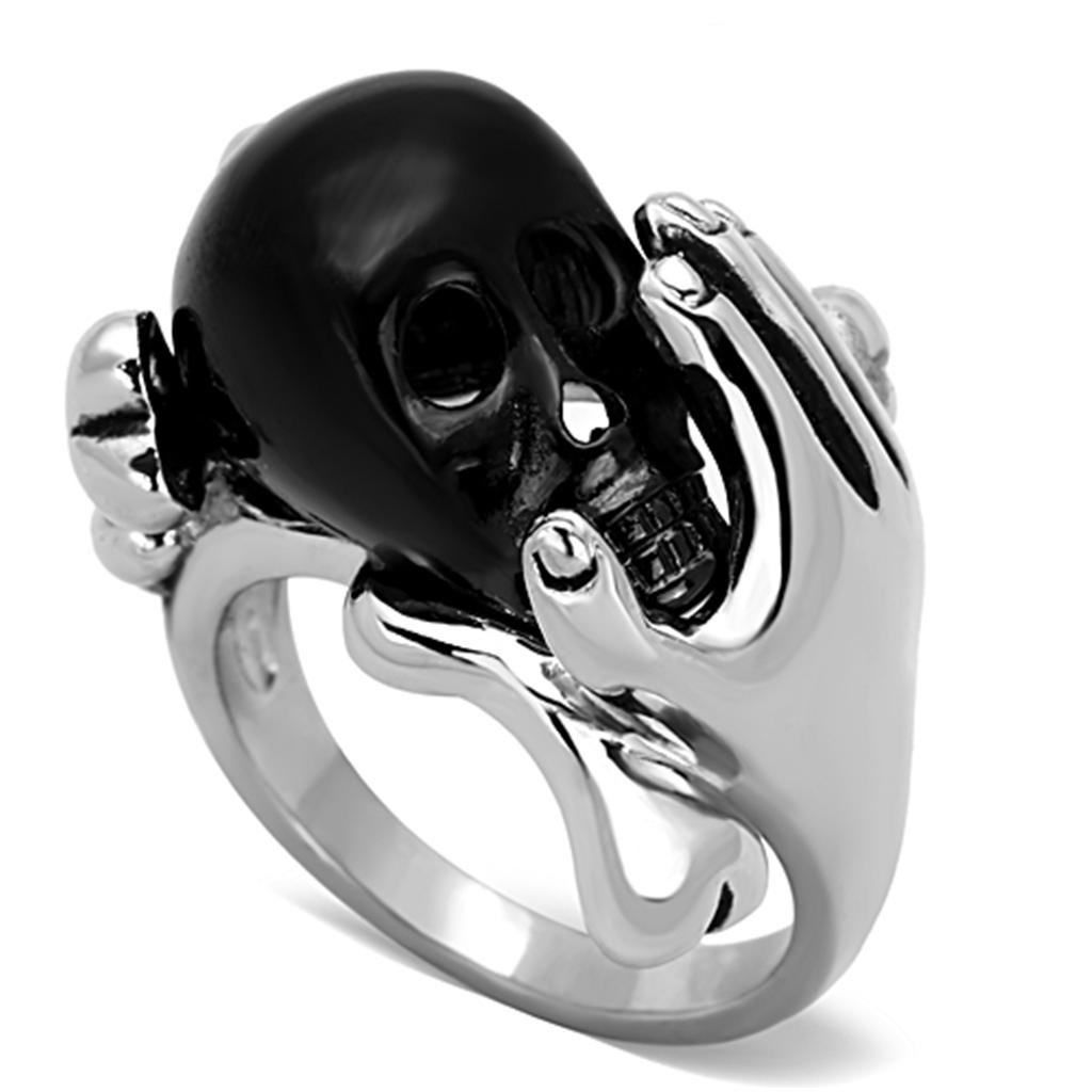 Hand holding black skull ring Stainless Steel Ring with Epoxy  in Jet Angelwarriorfitness.com