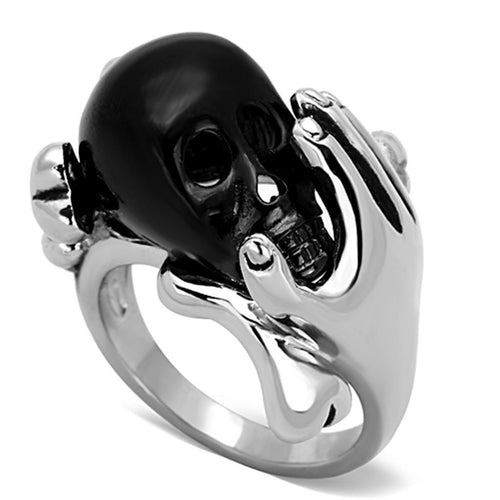 Hand holding black skull ring Stainless Steel Ring with Epoxy  in Jet Angelwarriorfitness.com