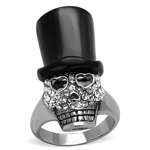 Skull with high top hat - Two-Tone IP Black Stainless Steel Ring with Top Grade Crystal Angelwarriorfitness.com