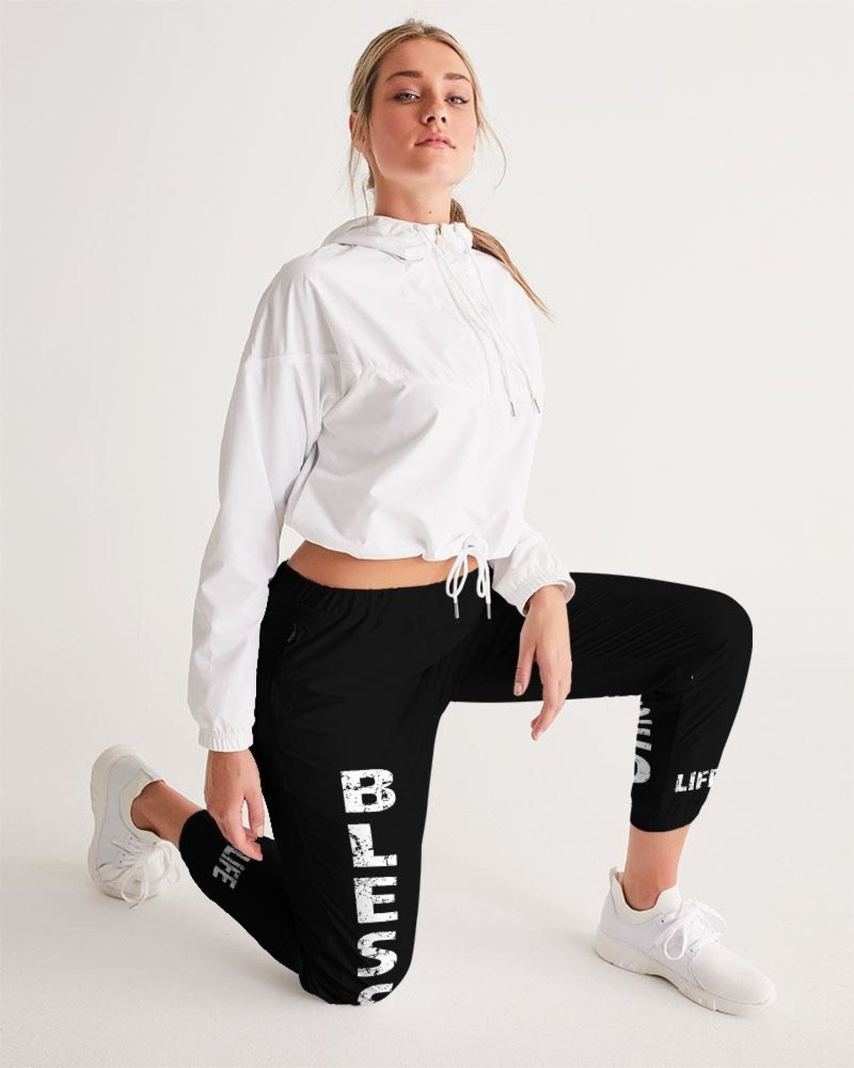Womens Track Pants - Black & White Blessed Graphic Sports Pants Angelwarriorfitness.com